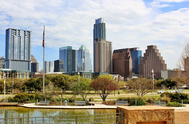 Austin skyline at sunset with Lady Bird Lake reflections (austin sunset)